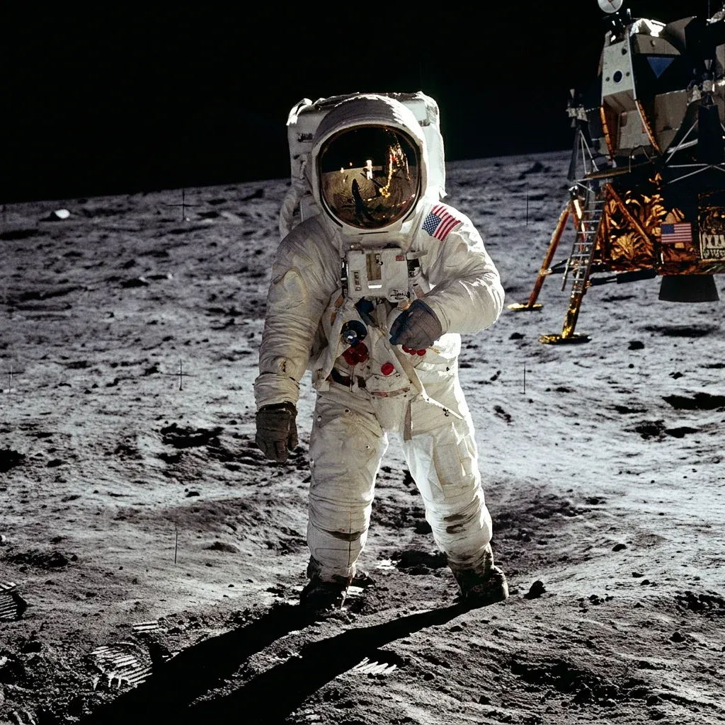 Astronaut Buzz Aldrin standing on the lunar surface during the Apollo 11 mission with the Eagle lunar module in the background
