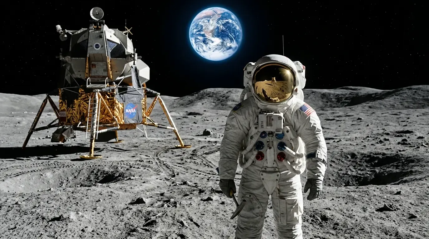 An astronaut in a modern spacesuit standing on the Moon with Earth in the background.