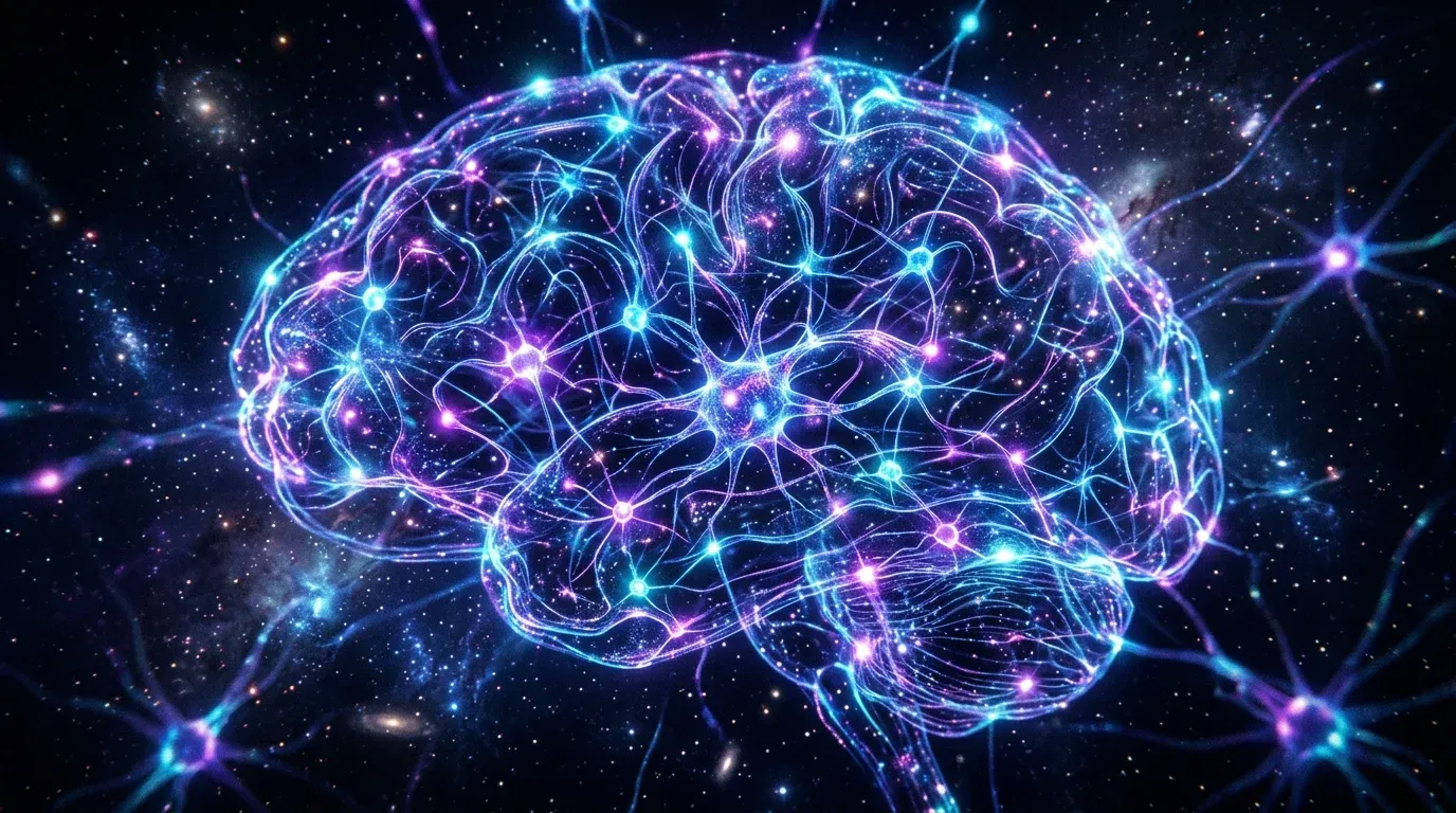Abstract representation of a glowing neural network structure
