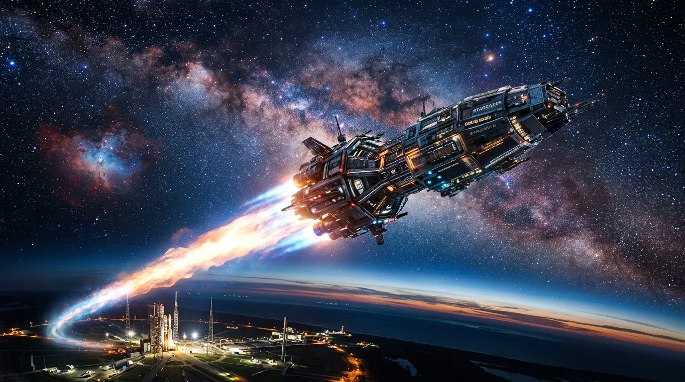 A stunning cinematic view of a futuristic spacecraft launching towards the stars."