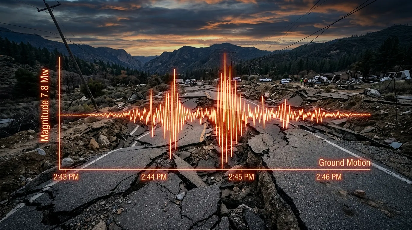 Cracked road and buckled ground after a large earthquake, with a seismograph trace overlaid