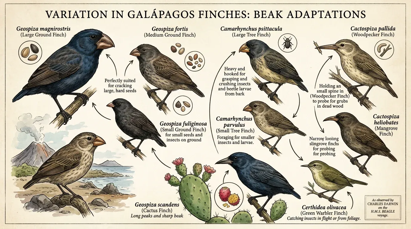 Illustration of Darwin's Galápagos finches showing variation in beak shapes adapted to different food sources