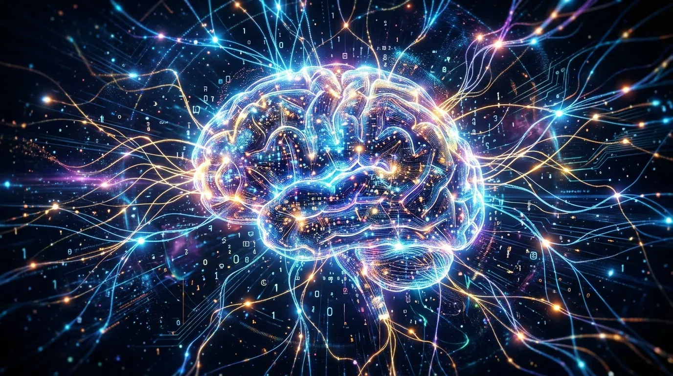 A futuristic digital brain illuminated by glowing neural networks, symbolizing generative artificial intelligence.