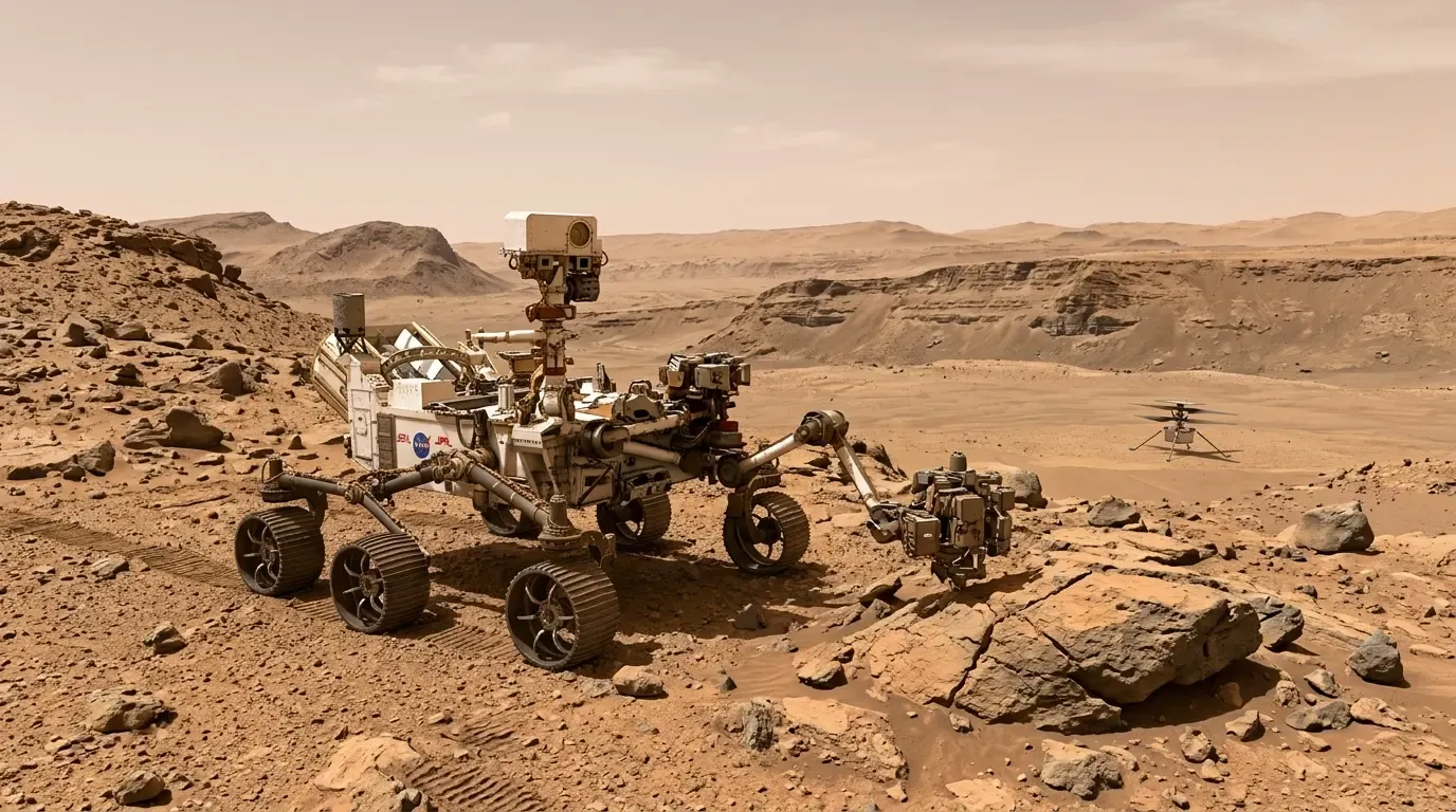 NASA's Perseverance rover on the Martian surface at Jezero Crater, with the Ingenuity helicopter visible in the background