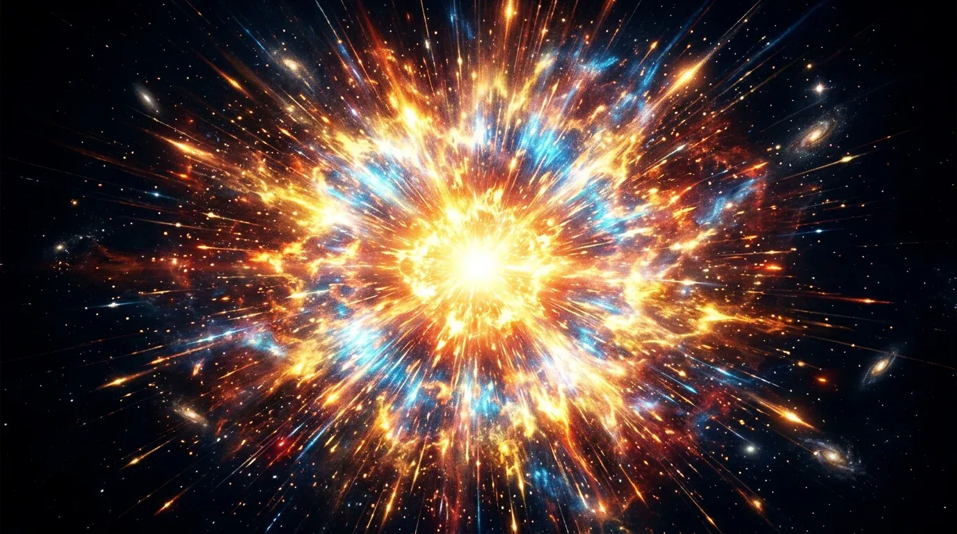 A vivid illustration of the Big Bang — a blinding burst of light and energy expanding outward into the darkness of space