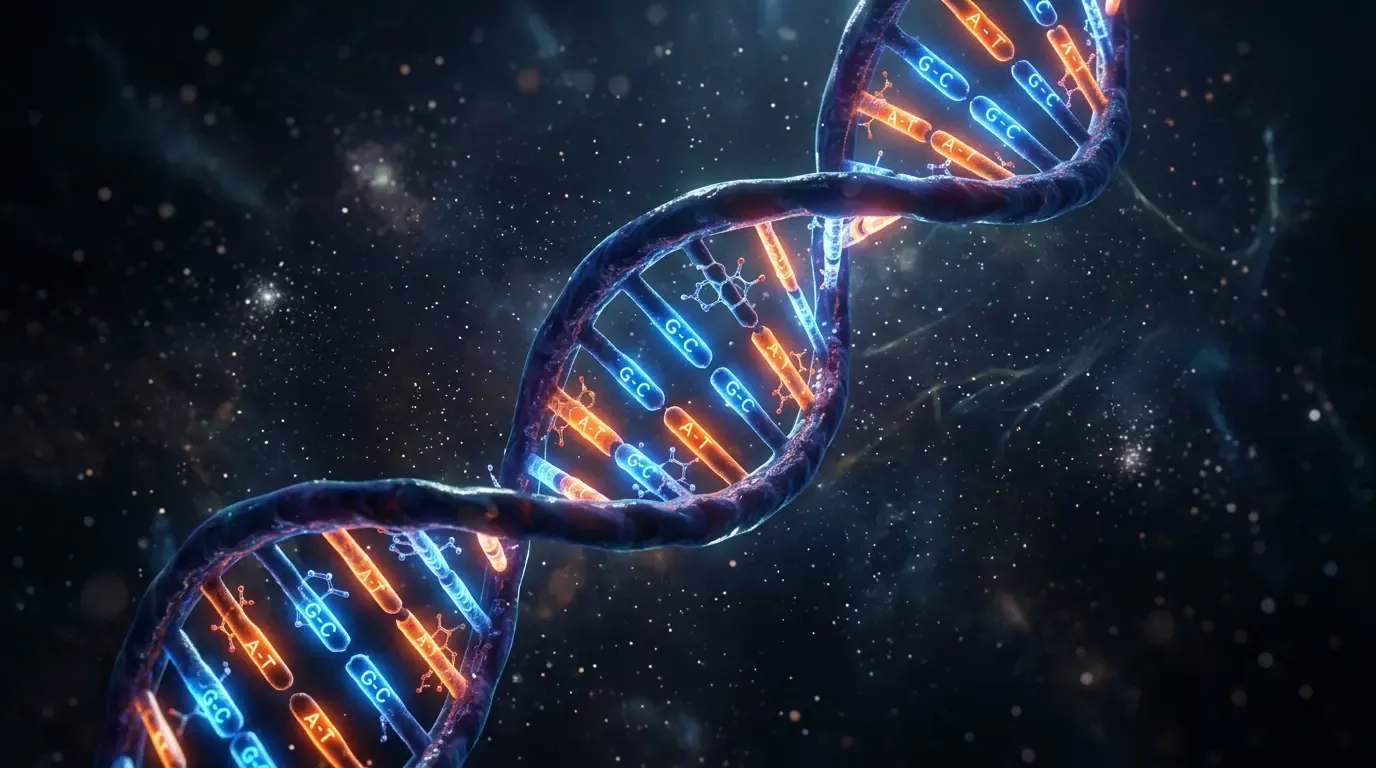Artistic rendering of the DNA double helix with nucleotide base pairs highlighted in blue and orange