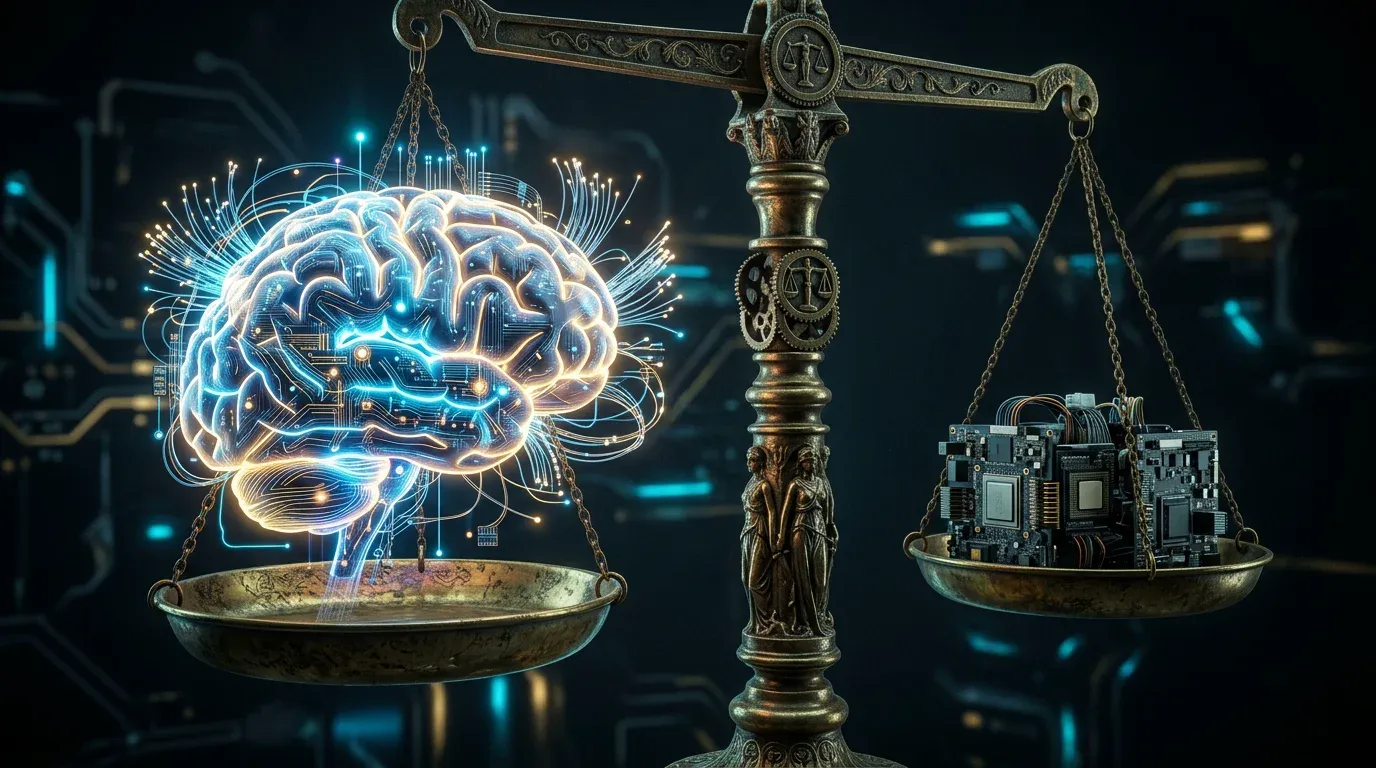 A conceptual visualization of a digital brain on scales of justice.