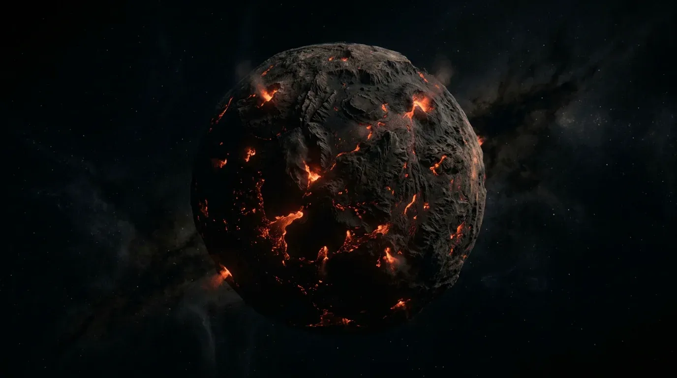 An artist's conception of a dark rogue planet floating through interstellar space."