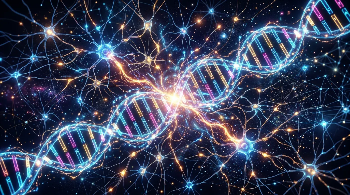 Abstract digital visualization of a glowing neural network intersecting with a DNA helix