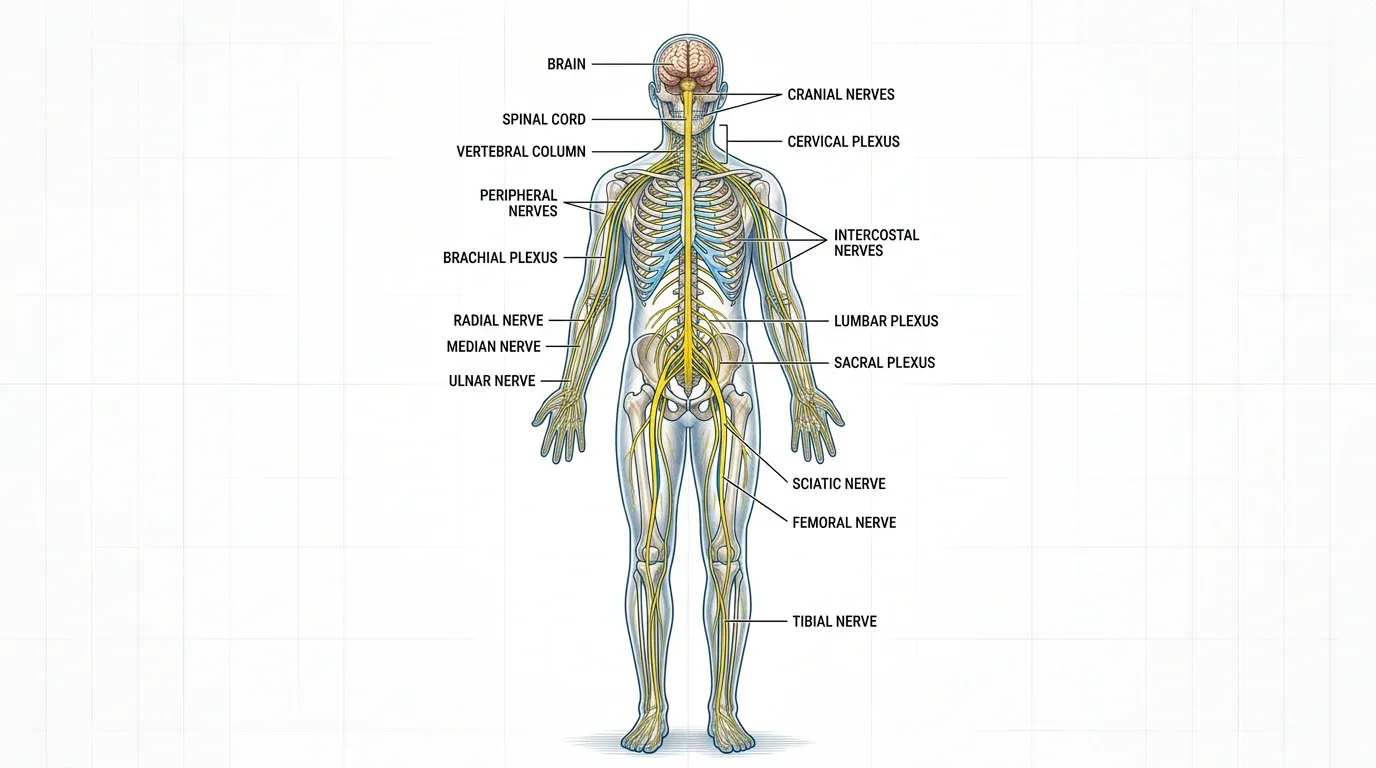 Illustration of the human nervous system showing the brain, spinal cord, and branching peripheral nerves throughout the body