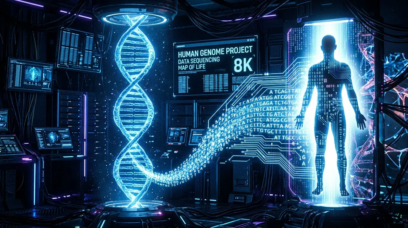 Conceptual art of DNA turning into digital data representing the Human Genome Project.