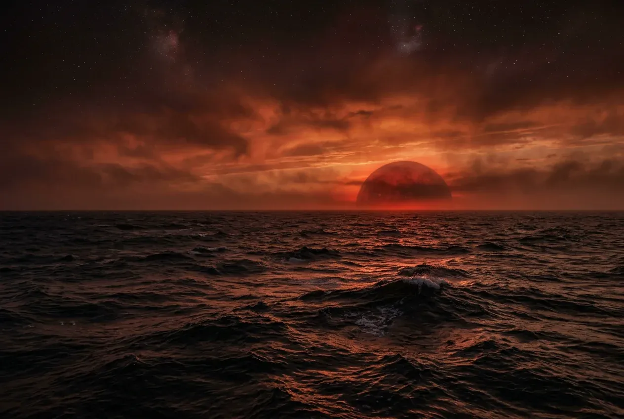Artist concept of an ocean-covered exoplanet illuminated by a red dwarf star