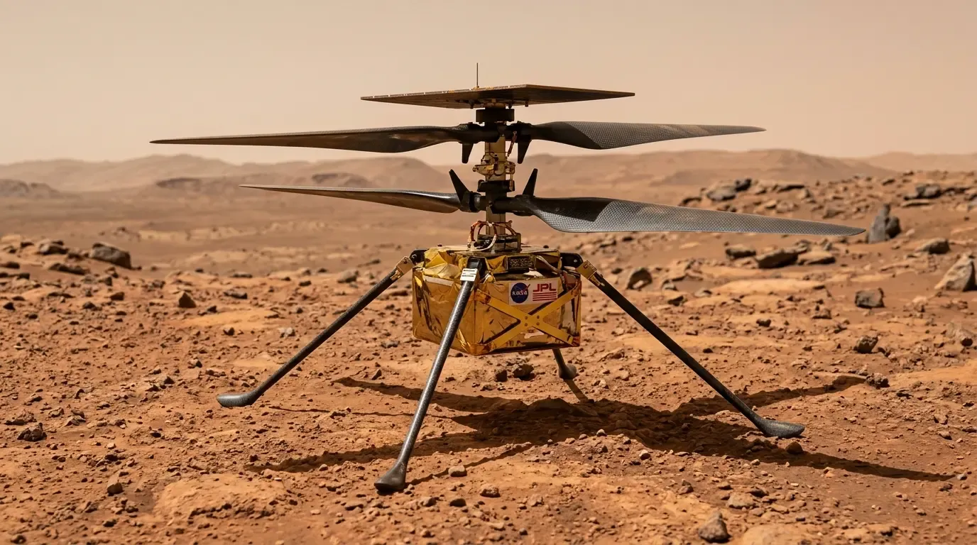 Ingenuity helicopter on the surface of Mars photographed by the Perseverance rover