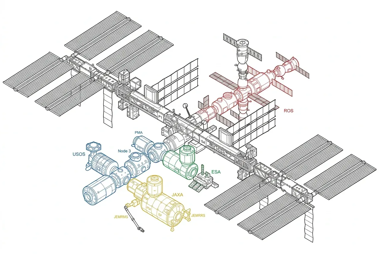 Technical diagram showing the modular layout of the International Space Station