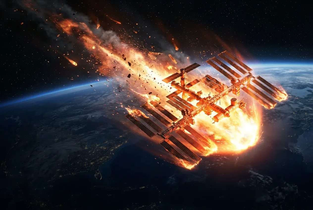The International Space Station glowing with fiery plasma as it reenters the Earth's atmosphere