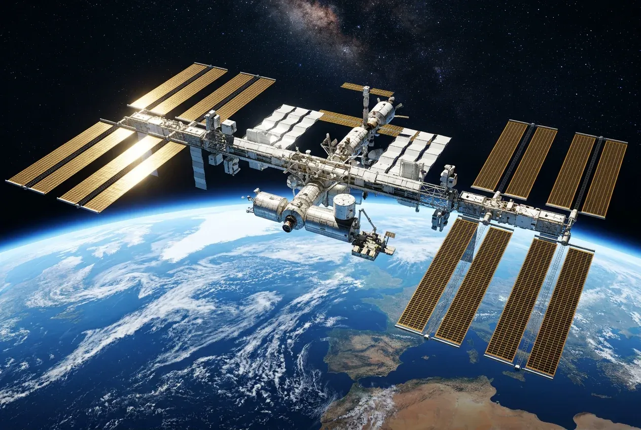 The fully assembled International Space Station orbiting above the Earth