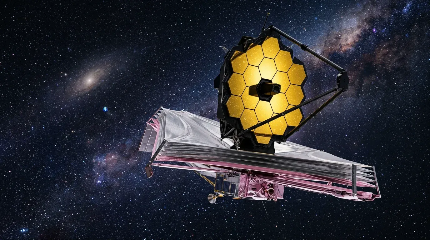 3D render of the James Webb Space Telescope showing its golden hexagonal mirrors