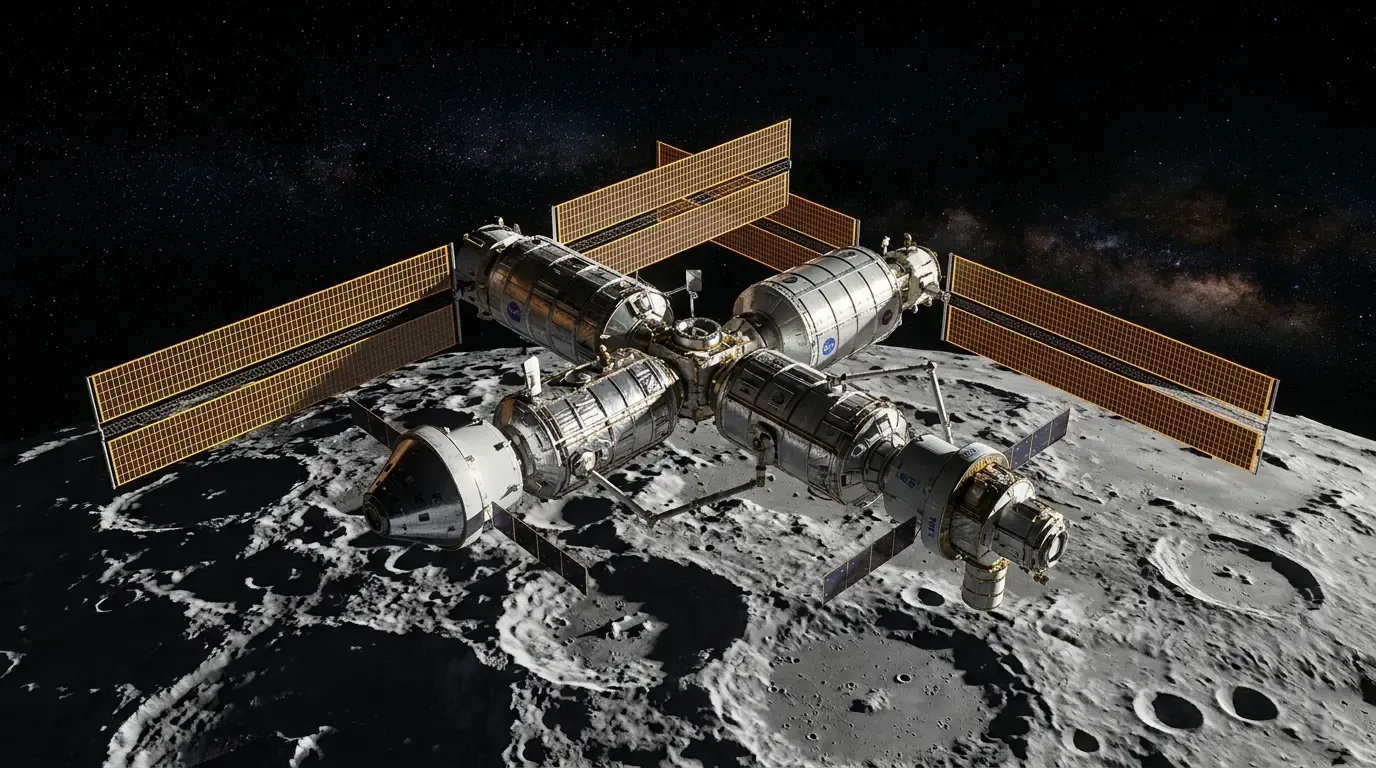The Lunar Gateway space station orbiting the Moon with its solar panels deployed.