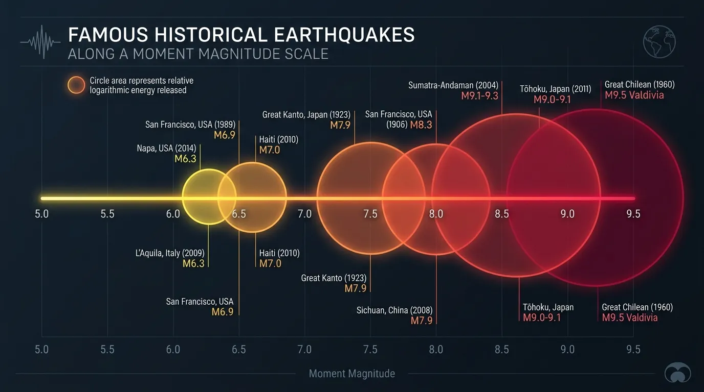 A horizontal scale showing major historical earthquakes and their moment magnitudes