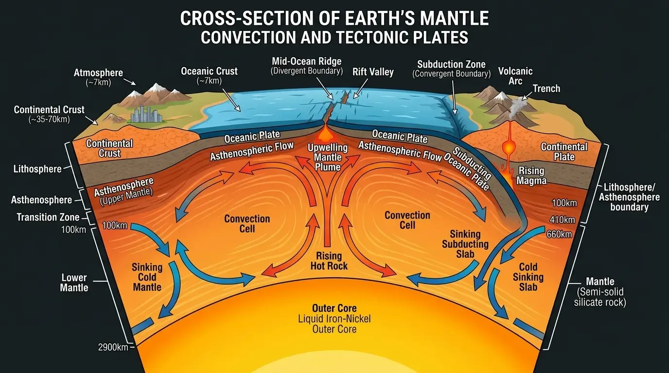 Cross section showing mantle convection currents under tectonic plates, scientific diagram.
