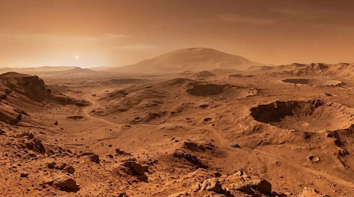 A vast Martian landscape showing a rugged desert world with craters