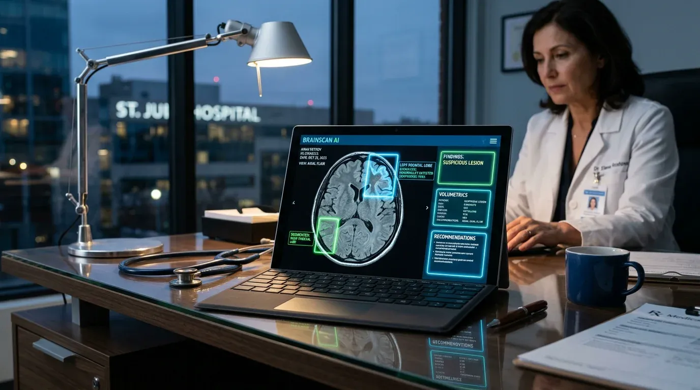 An AI system analyzing a brain MRI scan with digital highlights