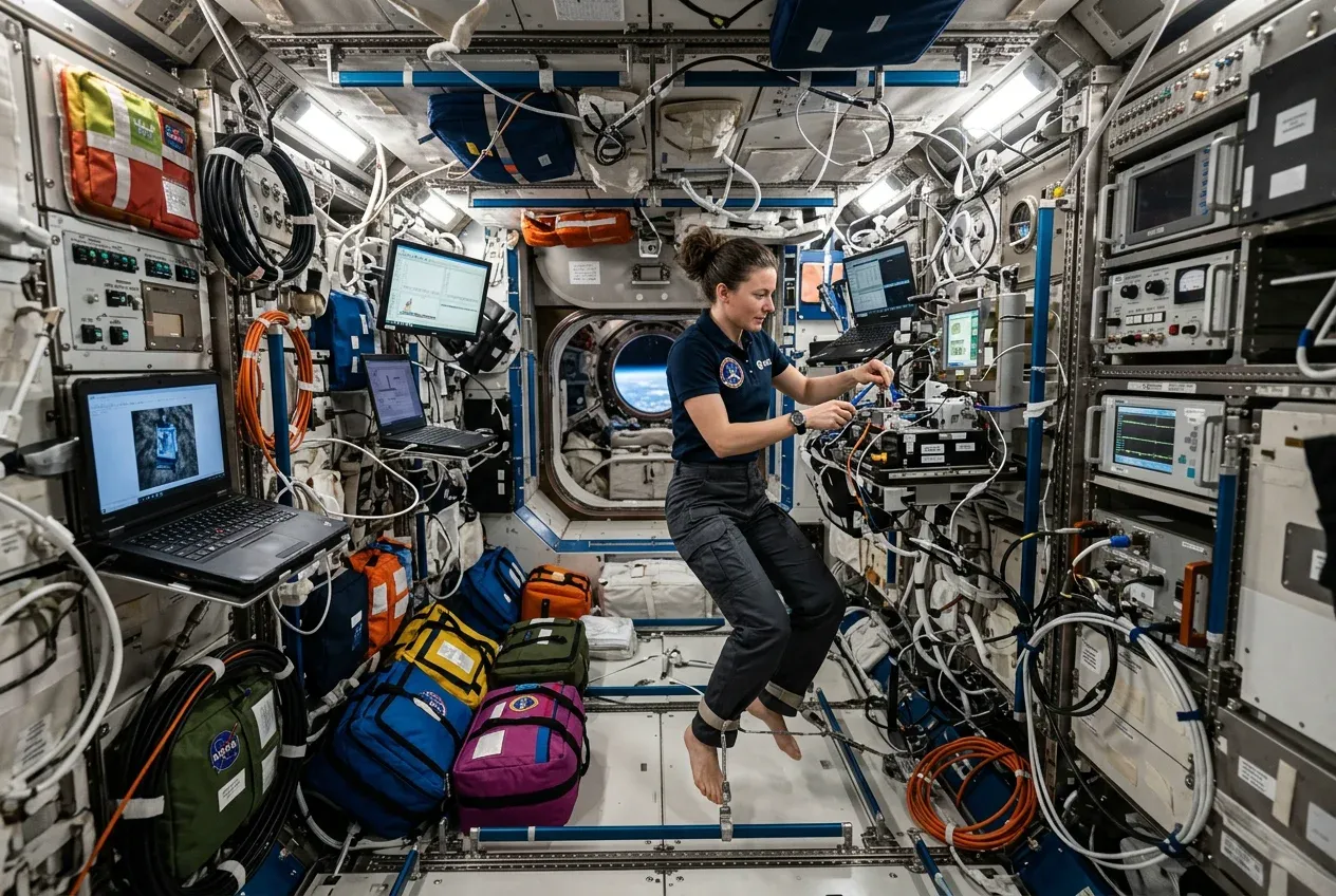 Astronaut floating inside a cluttered, equipment-filled module of the space station