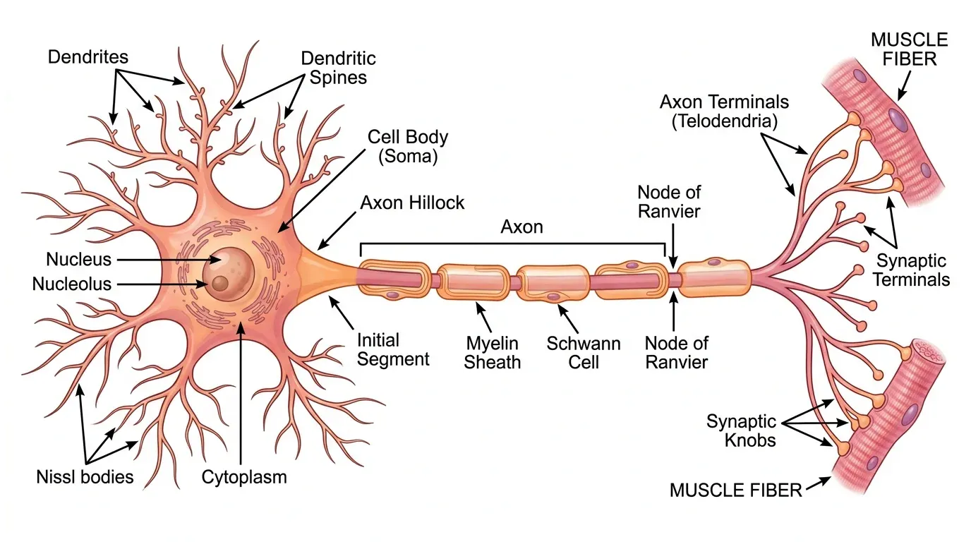 Diagram of neuron anatomy with labelled parts including dendrites, soma, axon and myelin sheath
