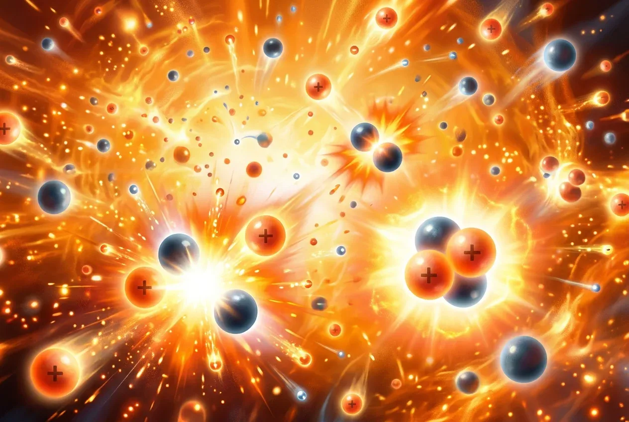 Protons and neutrons fusing in a hot glowing plasma during the early universe
