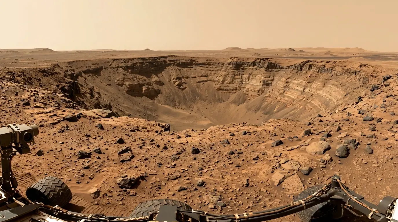 NASA Opportunity rover panoramic view of Endurance Crater on the Martian surface showing layered bedrock