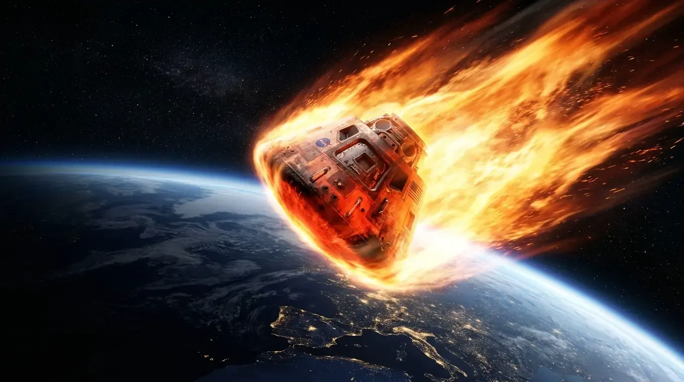 The Orion spacecraft capsule surrounded by fiery plasma as it re-enters Earth's atmosphere.