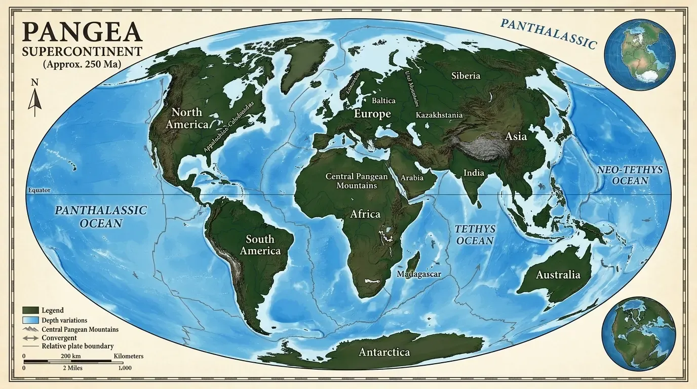 Map of the supercontinent Pangea, highly detailed illustration, educational.