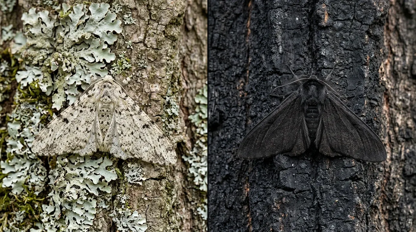 Split image showing a pale moth on light bark and a dark moth on dark soot-covered bark