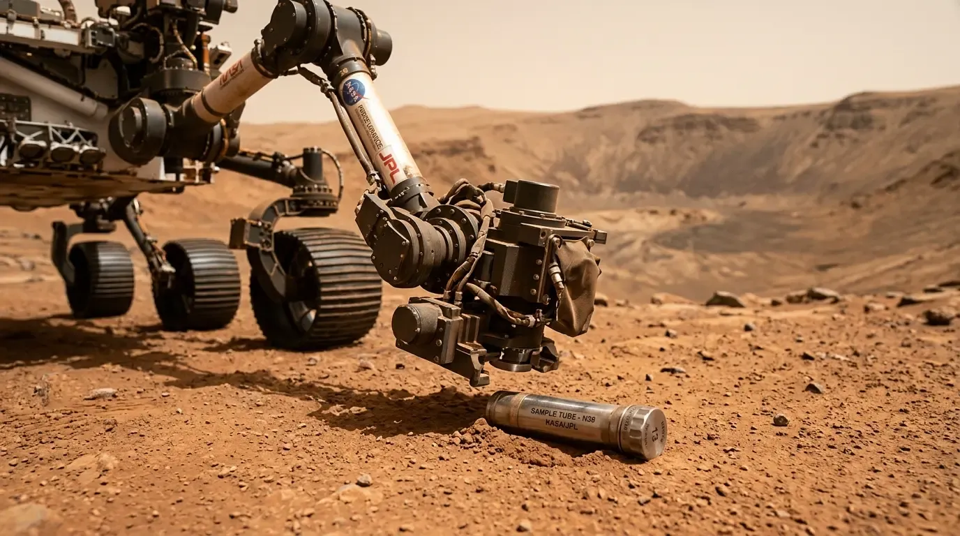 Perseverance rover depositing a titanium sample tube on the surface of Jezero Crater