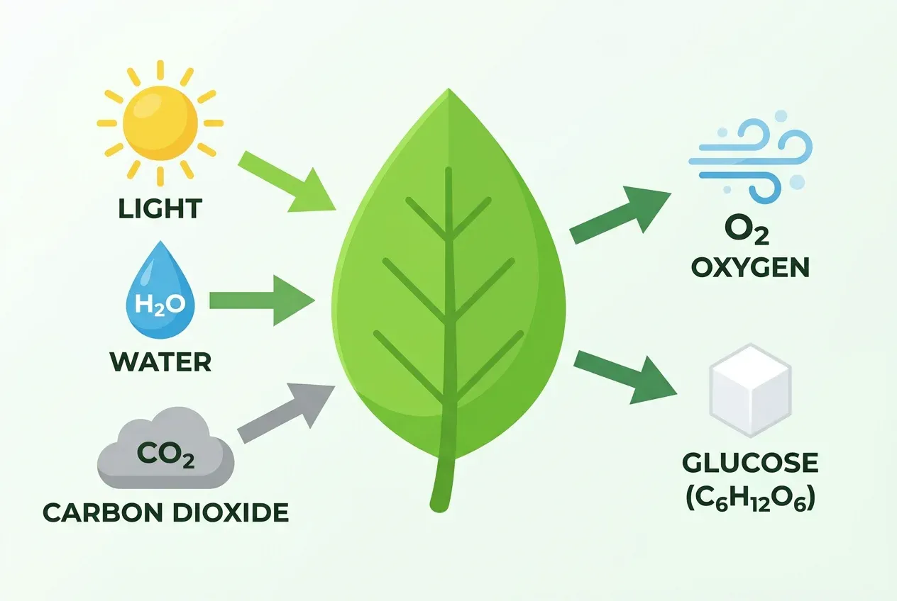Diagram showing the inputs (water, carbon dioxide, light) and outputs (oxygen, glucose) of photosynthesis