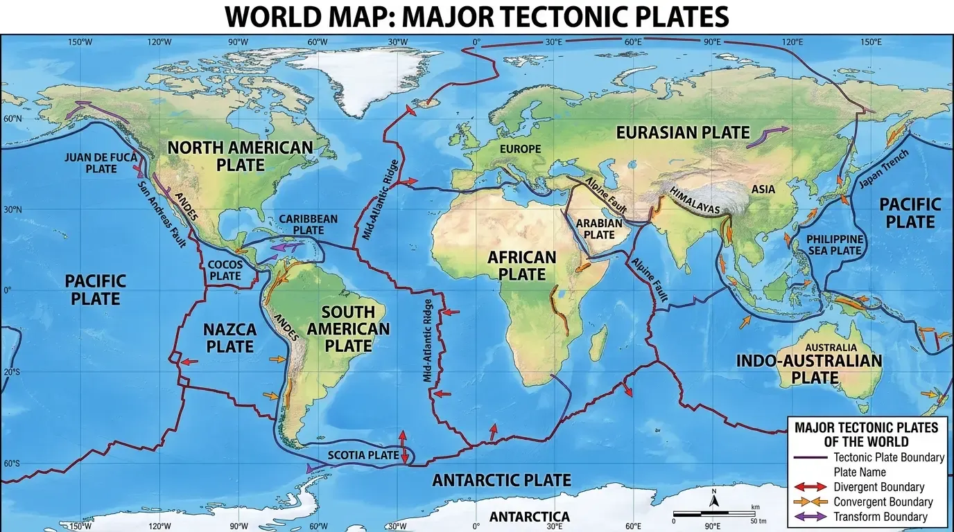 Map of the world showing the major tectonic plates.