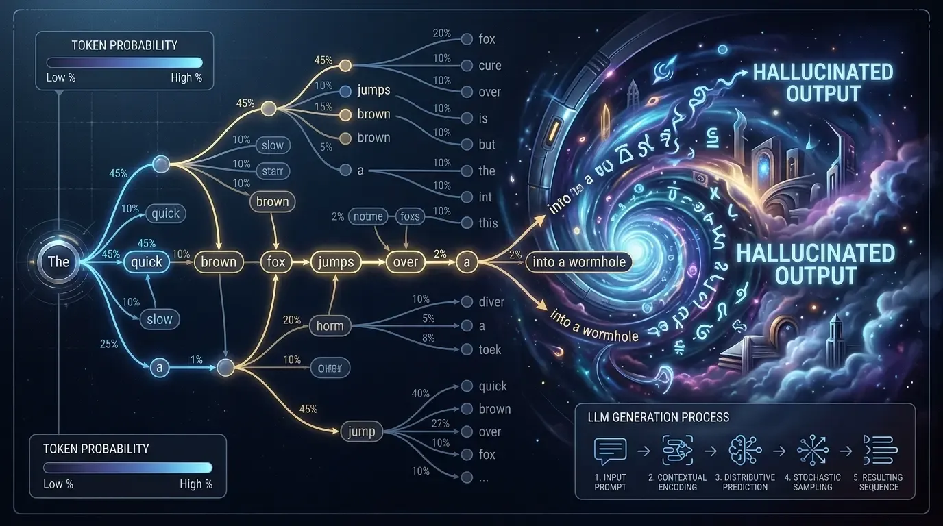 Diagram showing text tokens and probabilistic branching paths in an LLM