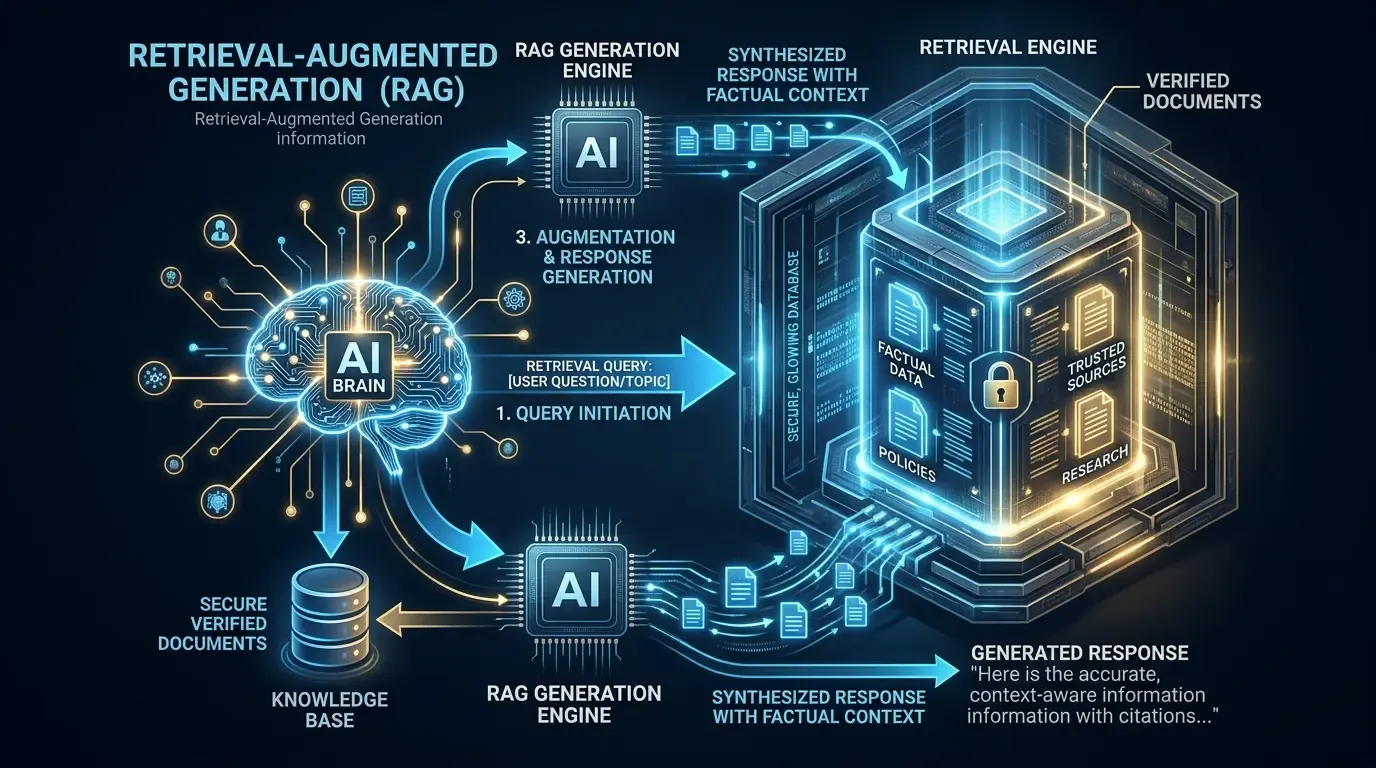 Educational diagram visualizing Retrieval-Augmented Generation querying a database