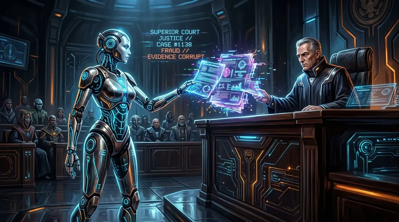 Conceptual illustration of a robotic lawyer presenting fabricated legal documents
