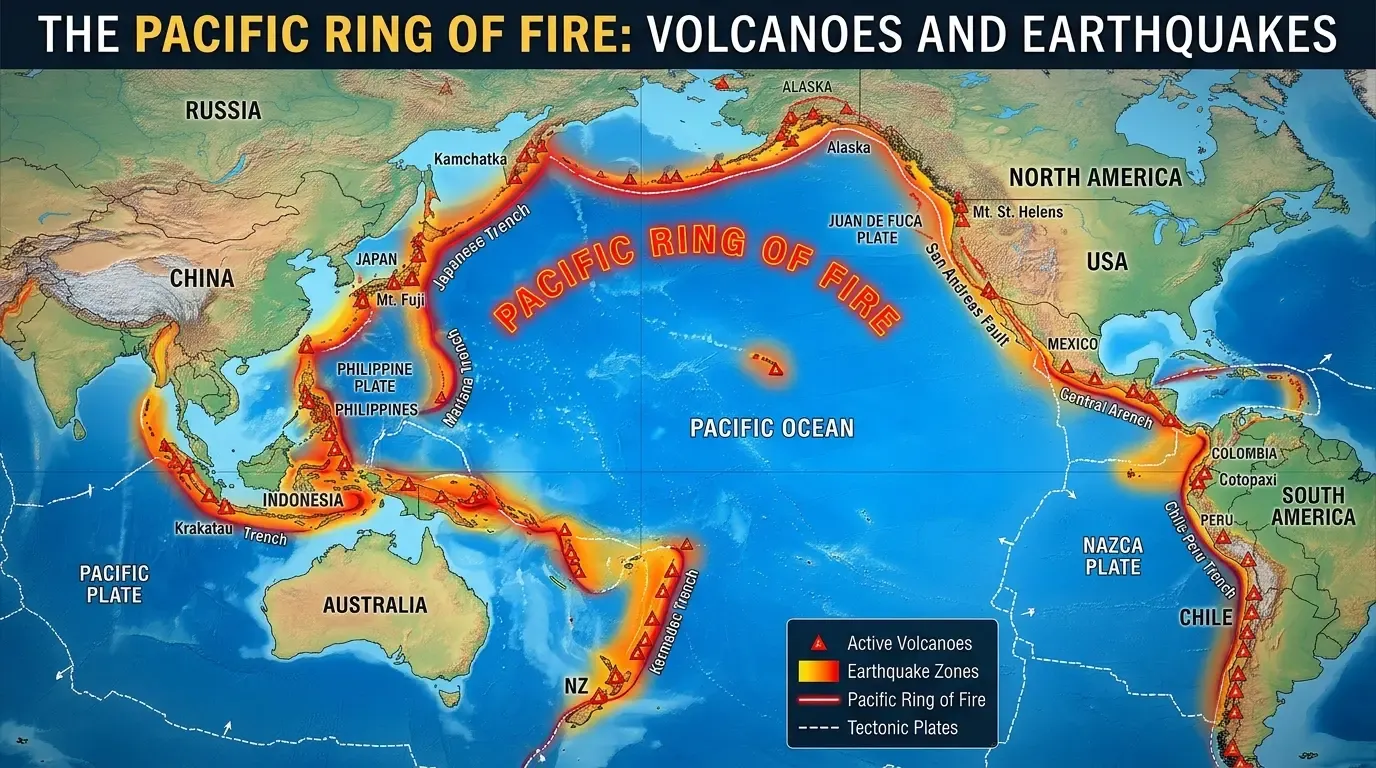 Map showing the Pacific Ring of Fire with active volcanoes and earthquake zones.