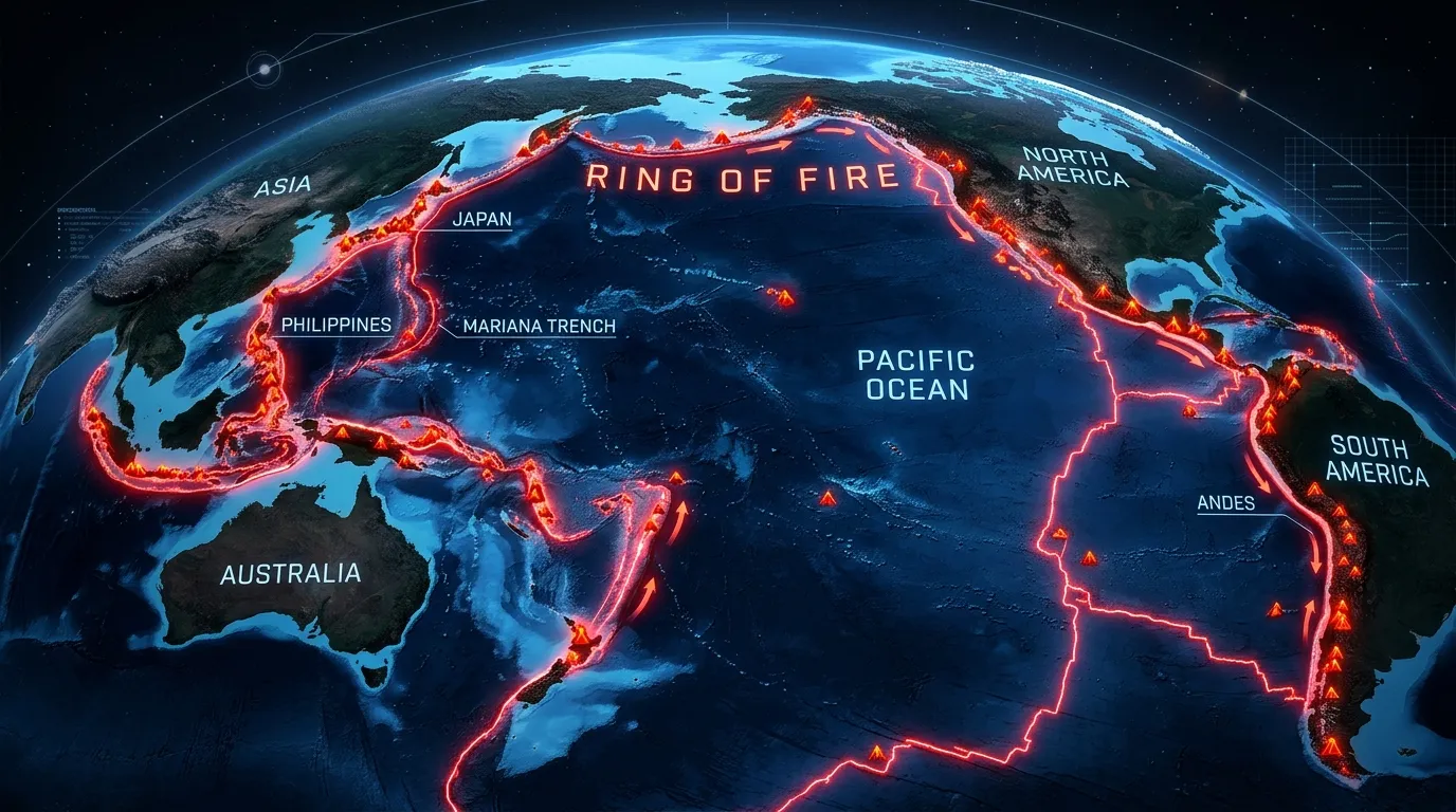 Map of the Pacific Ocean showing the Ring of Fire
