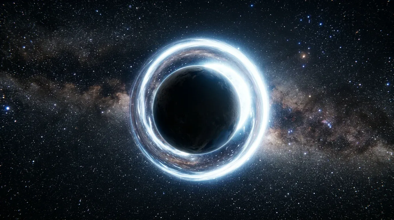 A dark planet passing in front of a star, bending its light into a halo.
