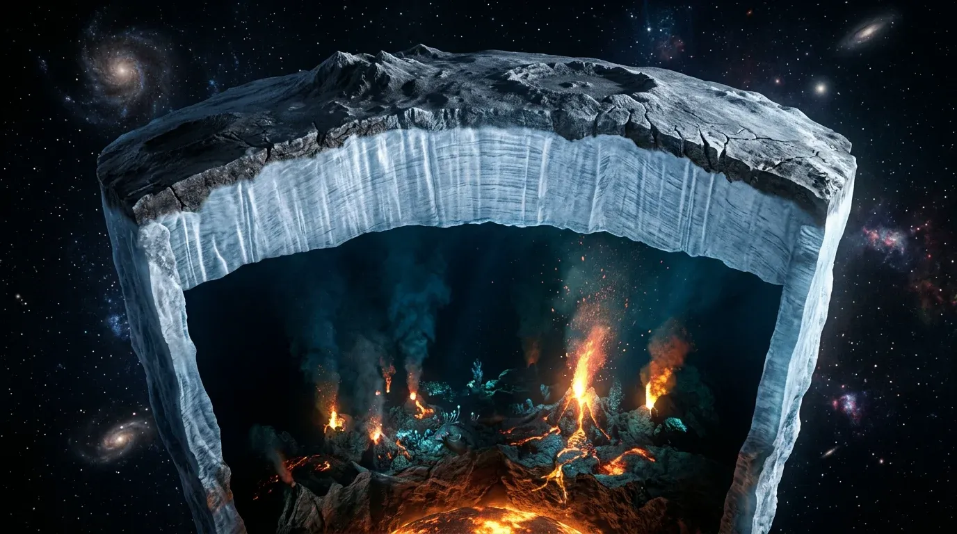 A cross-section of a frozen rogue planet showing a deep liquid ocean heated by volcanic vents.