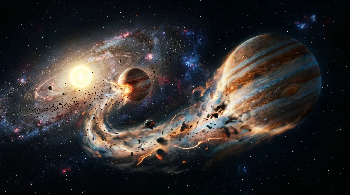 A cinematic view of two gas giants colliding or interacting in space, throwing one out of the system.
