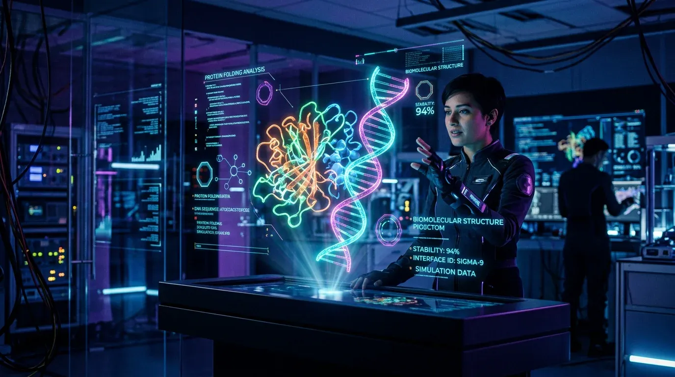 Futuristic depiction of an AI system analyzing complex holographic protein structures.