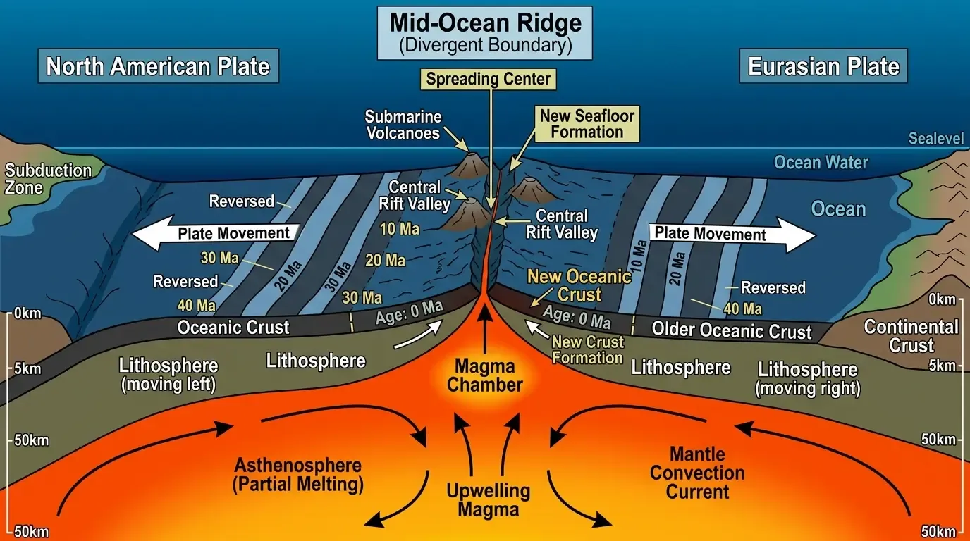 Diagram of sea floor spreading with magma rising, educational illustration.