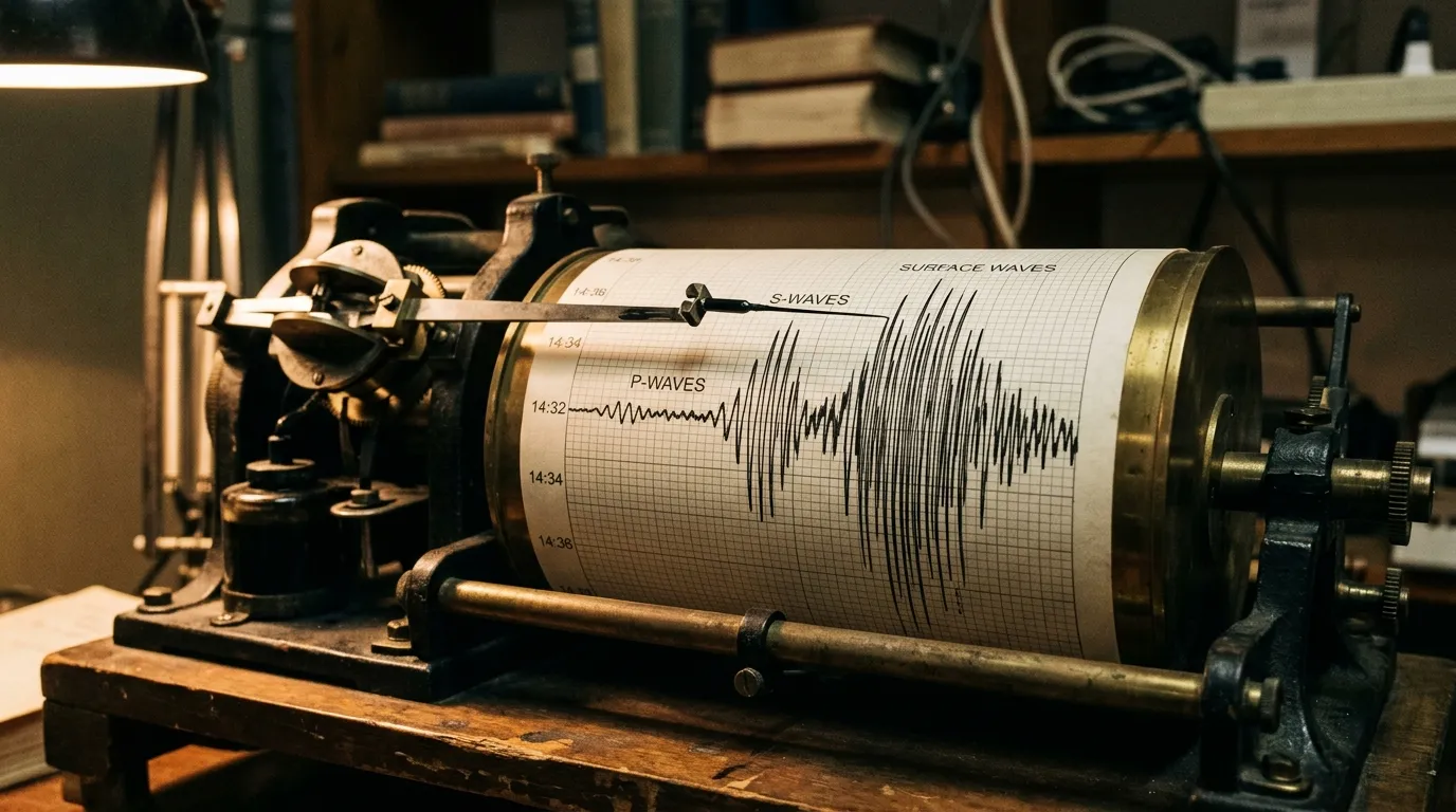 A seismogram showing P-waves, S-waves, and surface waves