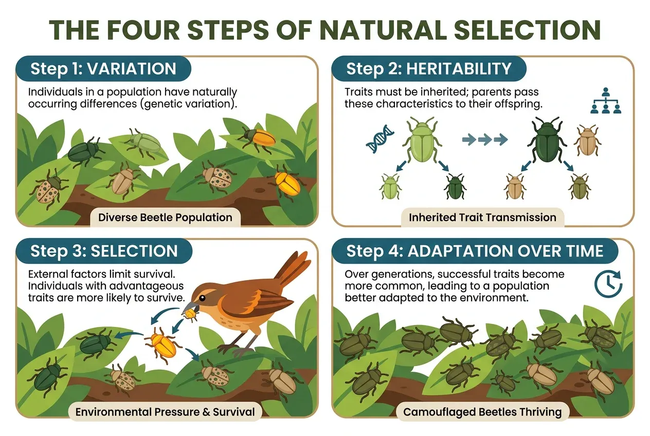 Infographic showing the four conditions for natural selection with example population changing over generations