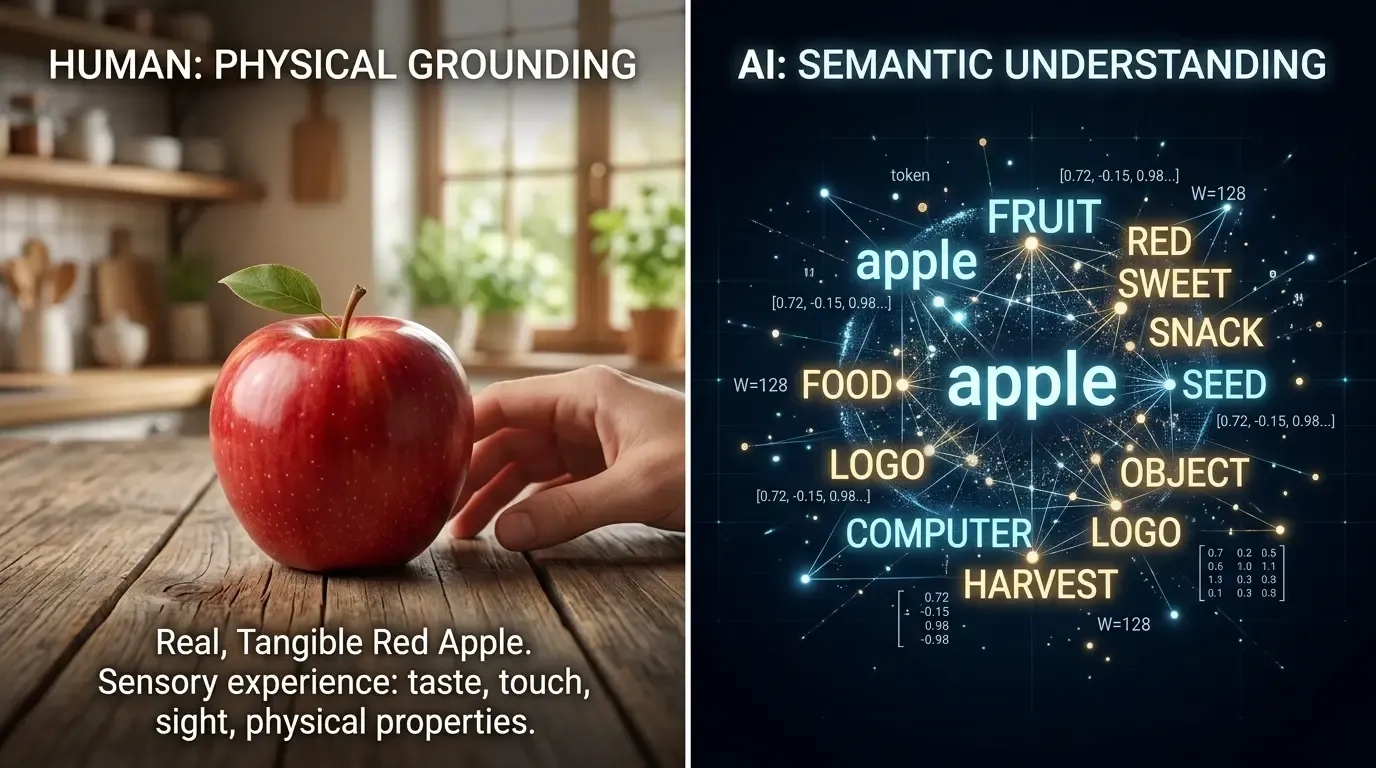 Split-screen showing physical apple vs AI semantic understanding of tokens