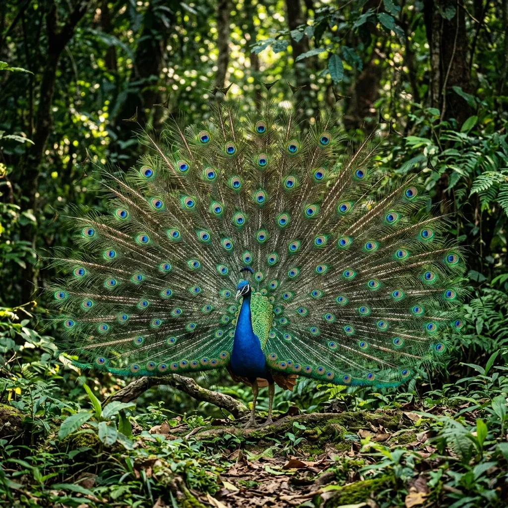 A vibrant male peacock with its tail feathers fully fanned out in a jungle